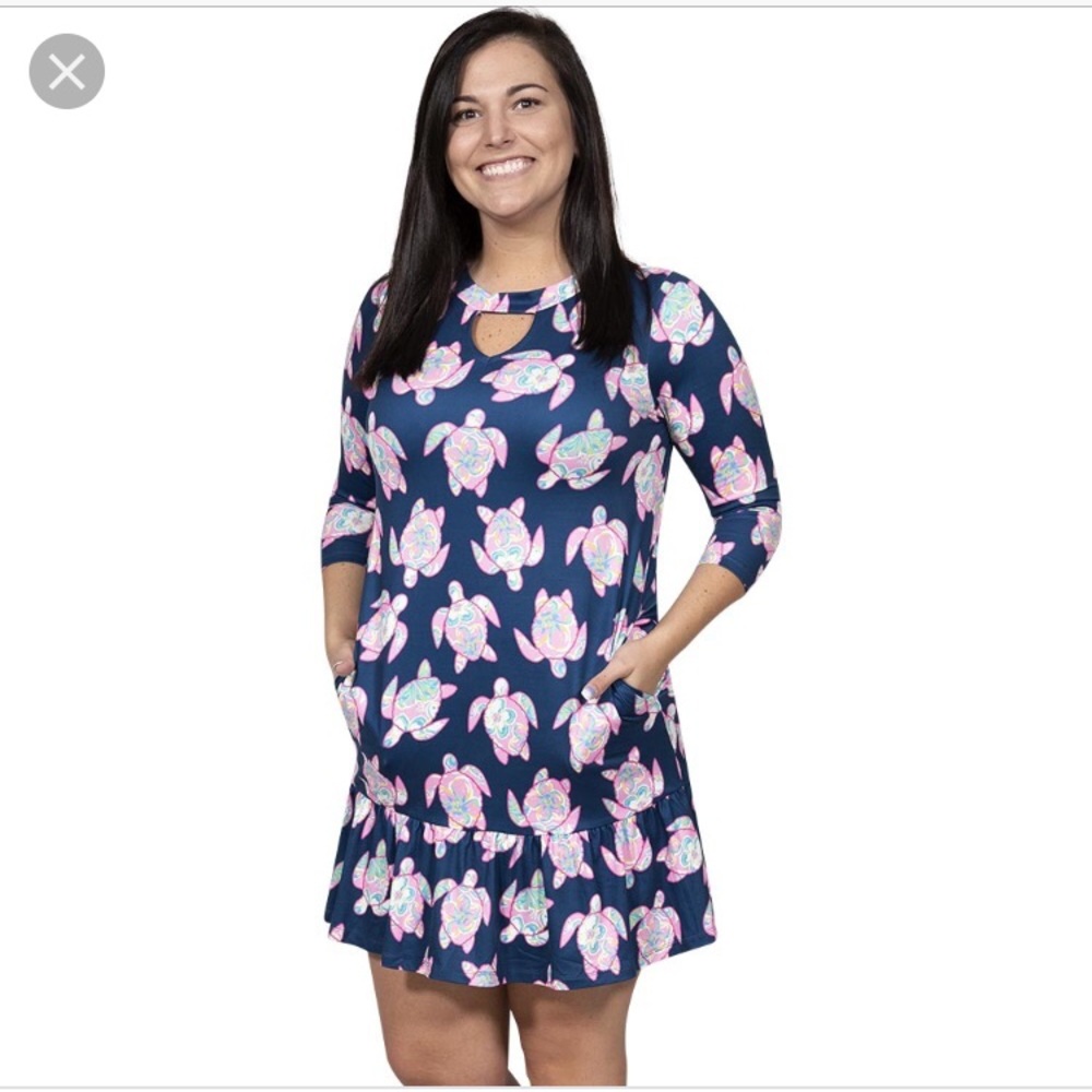Navy Floral Turtle Print Ruffle Hem Dress